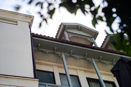 Carving balconies in Old town of Tbilisi cityin sunny summer dayの写真素材