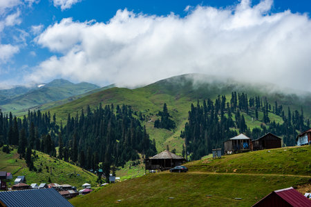 Famous georgian mountain resort Bakhmaro in summer view with old buildingsの写真素材
