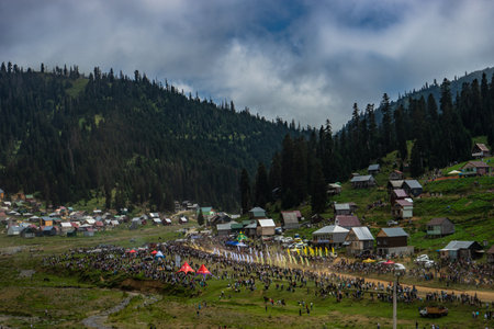 Famous georgian mountain resort Bakhmaro in summer view with old buildingsの写真素材