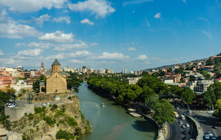 Famous Metekhi church with King Vakhtang statue in Old town of Tbilisi, Georgiaの写真素材