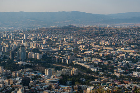 View to Tbilisi, capital city of Georgia, from Mtatsminda hill in summer timeの写真素材