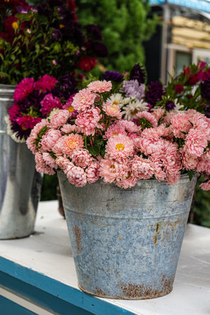 Seasonal autumnal flowers in bouquet outdoorの写真素材