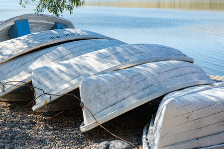 Old boats on the lake bank in the summer dayの写真素材