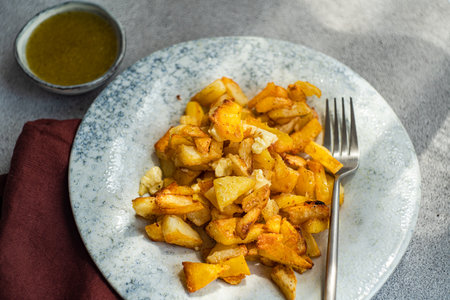 Fried potato slices with sour plum sauceの写真素材