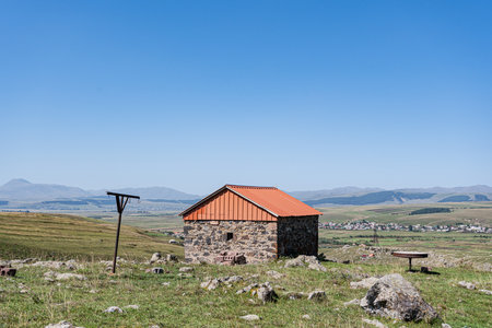 Medieval church in the mountains of Georgia in the end of summerの写真素材