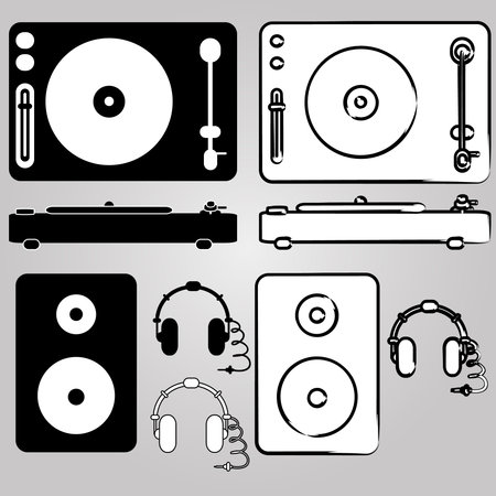 A set of illustrations for a DJ. Outline style. Vinyl player top view and side view. Speakers and headphones. It can be used for logos, websites, brochures, postcards, etc.のイラスト素材