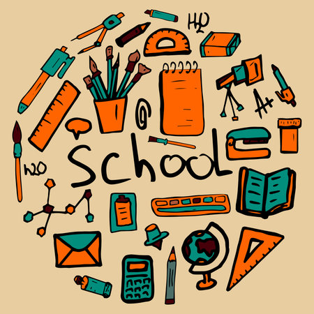 Vector greeting card with round frame and illustrations on the theme of the school. Hand drawing doodles pens, notebooks, books and other school supplies. There is a place for your text.のイラスト素材