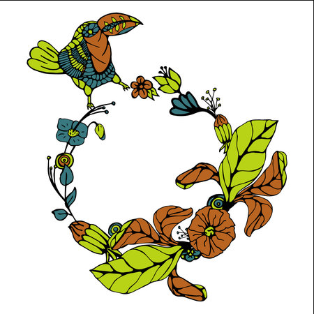 round frame of doodles of flowers and a toucan. vector. Hand drawing. blue, orange and greenのイラスト素材