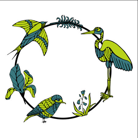 round frame of doodles of flowers and a birds. vector. Hand drawing. blue and greenのイラスト素材
