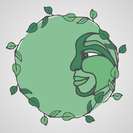 Round vector frame with abstract images of the face and leaves of the plant. vanguard. Handmade. There is a place for your text. It can be used for packaging, invitations, greeting cards, etc.のイラスト素材