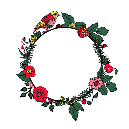 round frame of colorful bird and abstract circles. vector. hand drawingのイラスト素材