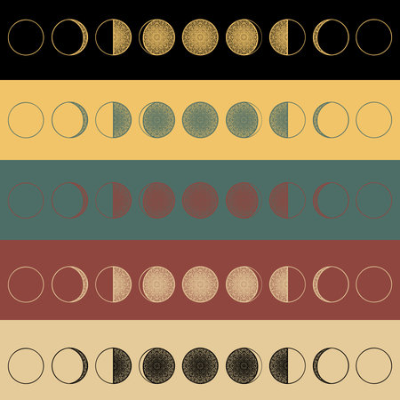 vector background with a picture of the moon phases. Eastern style. It can be used as background for greeting cards, eastern and astronomical infographicのイラスト素材