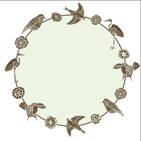 Minimalistic vector round frame with graphic images of birds and circles. Handmade. There is a place for your text. for nature lovers. It can be used for invitations, holiday cards, etc.のイラスト素材