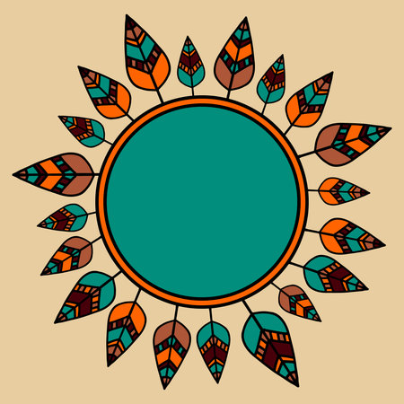 Vector Indian round frame of graphics leaf plant. Handmade. Vanguard bird feather. It can be used for packaging, invitations, greeting cards, textiles, fabrics, etc.のイラスト素材