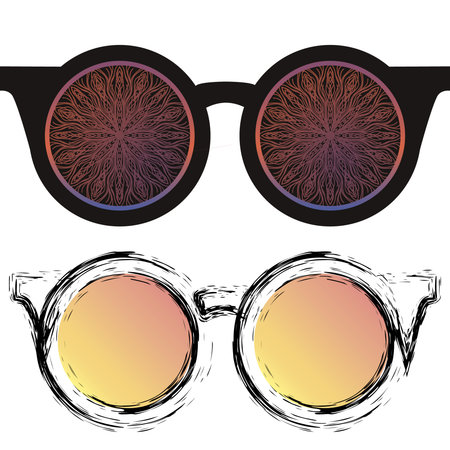 Image of sunglasses with mandala instead of glass. Image of sunglasses in the style of a sketch of the original brush. vector. It can be used as a logo, an icon for Internet sites, etc.のイラスト素材