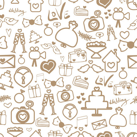 Seamless pattern on the theme of the wedding. Vector Doodles. It can be used for greeting cards, advertisements, brochures, background, textile, fabrics, etc.のイラスト素材