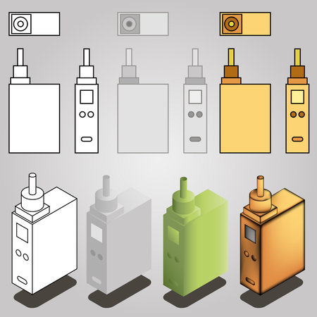 The vector image of the electronic device for smoking. Front, side and top. Outline, flat and isometric style It can be used as an icon, logo, design, websites, etc.のイラスト素材