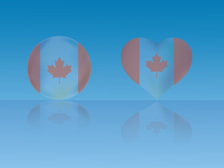 Canadian flag in glossy ball and heart with reflection on blue background vector illustrationのイラスト素材