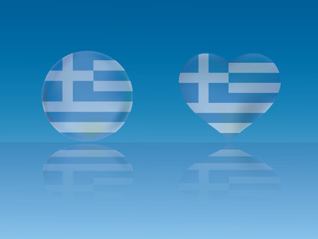 Greece flag in glossy ball and heart with reflection on blue background vector illustrationのイラスト素材