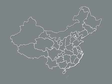 Black and white China map with border lines of states and regions on dark background vector illustrationのイラスト素材