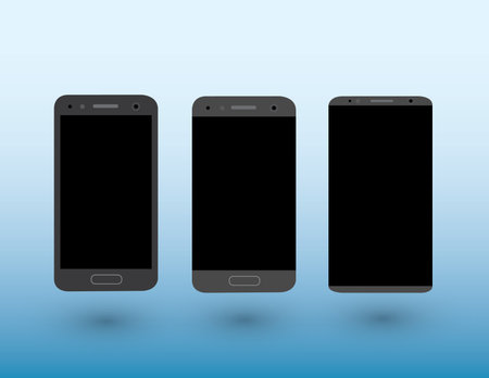 A set of black color modern touchscreen smartphones on light blue background with shadow vector illustrationのイラスト素材