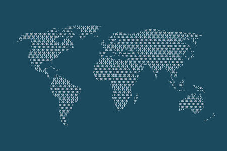 World map vector using white binary digits on dark background to mean digital country and the advancement of technology illustrationのイラスト素材