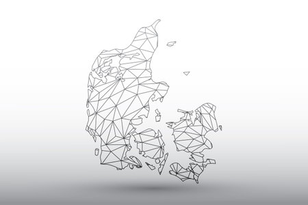Denmark map vector of black color geometric connected lines using triangles on light background...
