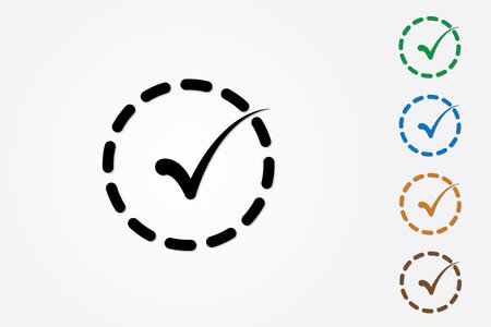A set of colorful tick signs or marks inside dashed circles vector illustration on white background to show correct answer and approvalのイラスト素材