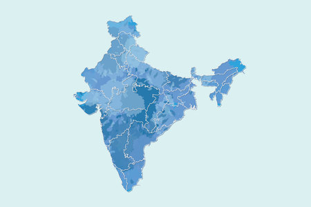 India watercolor map vector illustration in blue color with different regions or divisions on light background using paint brush on pageのイラスト素材