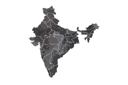 India watercolor map vector illustration in black color with different regions or divisions on white background using paint brush on pageのイラスト素材