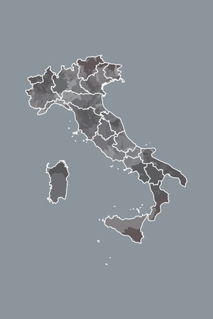 Italy watercolor map vector illustration in black color with border lines of different regions on dark background using paint brush on pageのイラスト素材