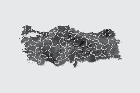 Turkey watercolor map vector illustration in black color with border lines of different provinces on light background using paint brush on pageのイラスト素材