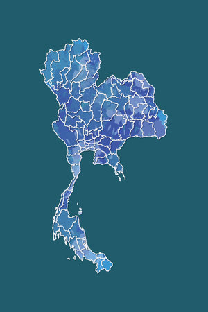 Thailand watercolor map vector illustration in blue color with border lines of different provinces on dark background using paint brush on pageのイラスト素材