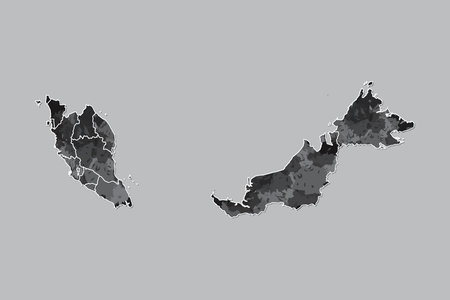 Malaysia watercolor map vector illustration of black color with border lines of different states on light background using paint brush in pageのイラスト素材