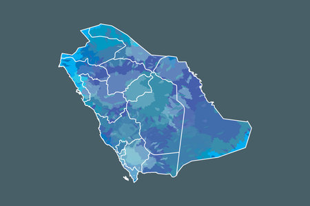 Saudi Arabia watercolor map vector illustration of blue color with border lines of different regions on dark background using paint brush in pageのイラスト素材