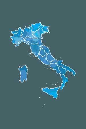 Italy watercolor map vector illustration in blue color with border lines of different regions on dark background using paint brush on pageのイラスト素材