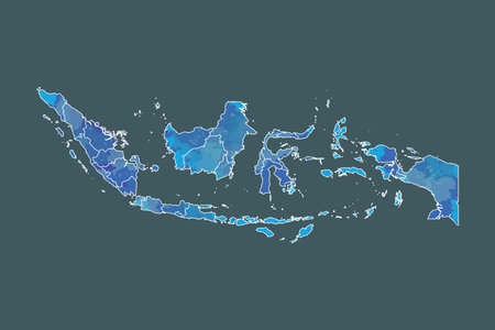 Indonesia watercolor map vector illustration of blue color with border lines of different provinces or divisions on dark background using paint brush in pageのイラスト素材