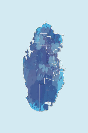 Qatar watercolor map vector illustration of blue color with border lines of different cities on light background using paint brush in pageのイラスト素材