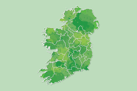 Ireland watercolor map vector illustration of green color with border lines of different regions or counties on light background using paint brush in pageのイラスト素材