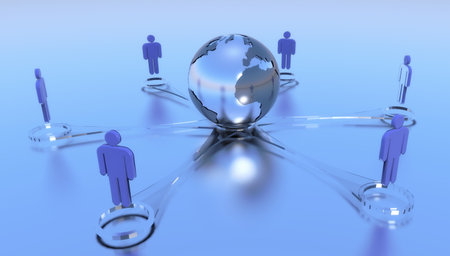 Network concept. Social network with blue humane icons. Blue background and earth globe.の写真素材