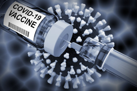 Vaccine illustration. Bottle and syringe with needle, virus illustration in the background.の写真素材