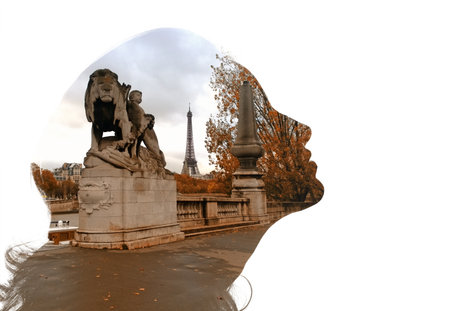 Silhouette of girl, autumn landscape with Eiffel tower, double exposure.の写真素材