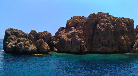 Dislice Adasi Island (Turkey) rocky panorama. This territory in Aegean Sea popular among tourists, thanks to unusual appearance and accessible caves on itの写真素材