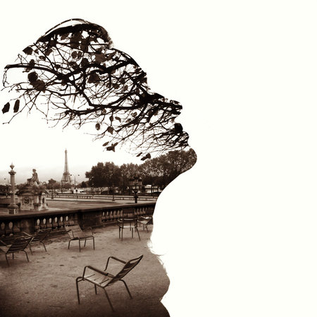 Silhouette of a female head (profile), framing fragment of Paris panorama with the Eiffel Tower in the background, double exposure. Black and white photo, bright backgroundの写真素材