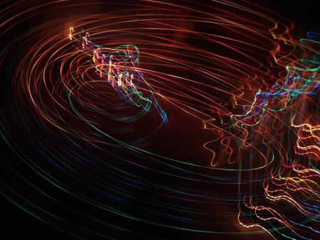 A photo taken by the camera in free flight, Bright colored lines and figures on black. Flyfly....