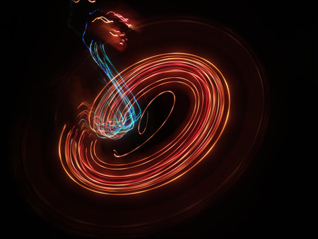 A photo taken by the camera in free flight, Bright colored lines and figures on black. Flyfly. Camera toss imageの写真素材