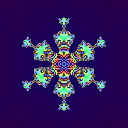 Fractal 2D texture. Computer generated. Beautiful mathematical patterns, visualized digitally. Mandelbrot set, sharp edges smooth gradients.  Snowflake symmetry (hexagonal)の写真素材