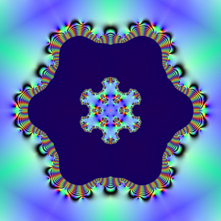 Fractal 2D texture. Computer generated. Beautiful mathematical patterns, visualized digitally. Mandelbrot set, sharp edges smooth gradients.  Snowflake symmetry (hexagonal)の写真素材