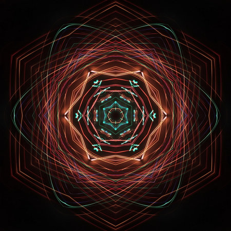 A photo taken by the camera in free flight, Bright colored lines and figures on black. Flyfly.の写真素材