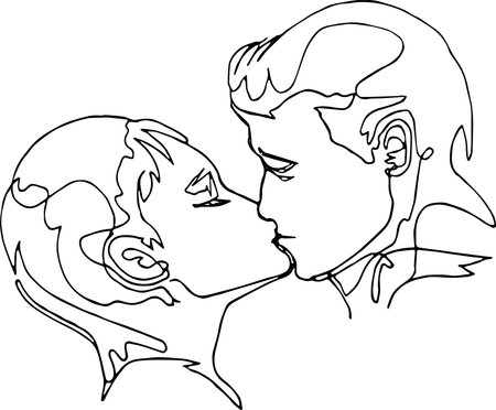 Love concept, minimalist continuous line drawing - pair, man and woman kissing, just faces, accent on eyes, double portrait, black on white, heads, vector illustrationのイラスト素材